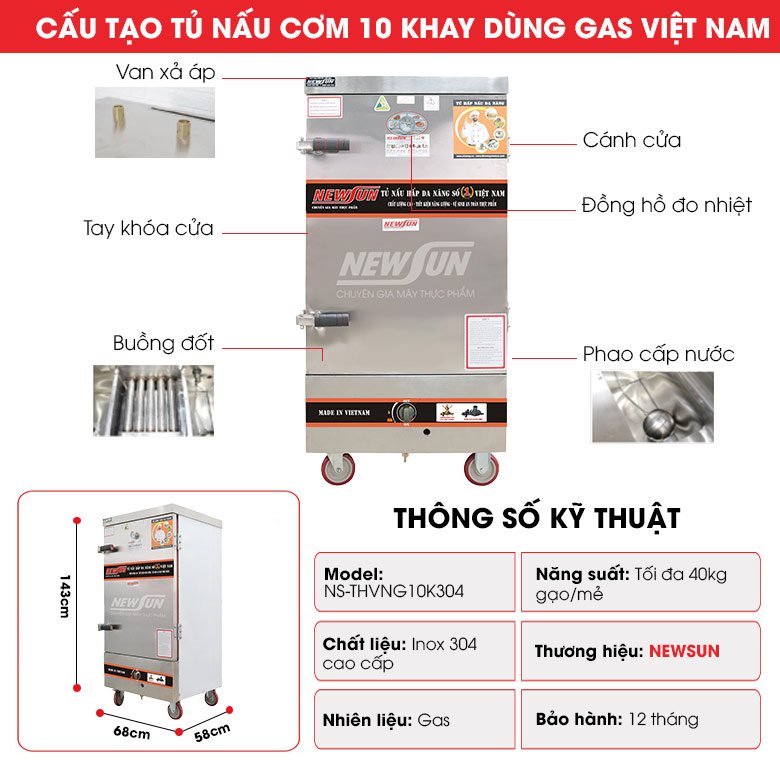 Cấu tạo tủ nấu cơm 10 khay dùng gas (Inox 304)
