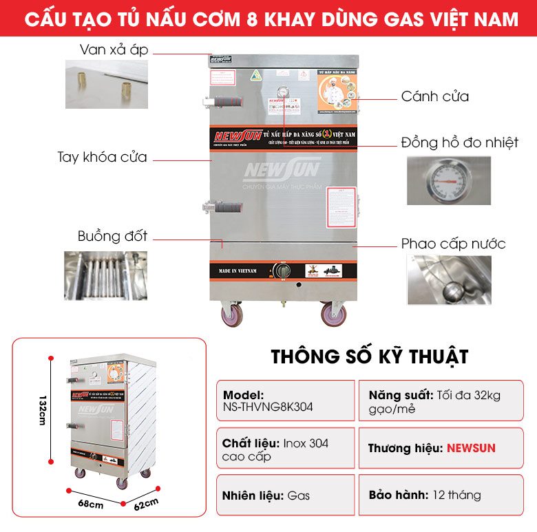 Cấu tạo tủ nấu cơm 8 khay dùng gas (Inox 304)
