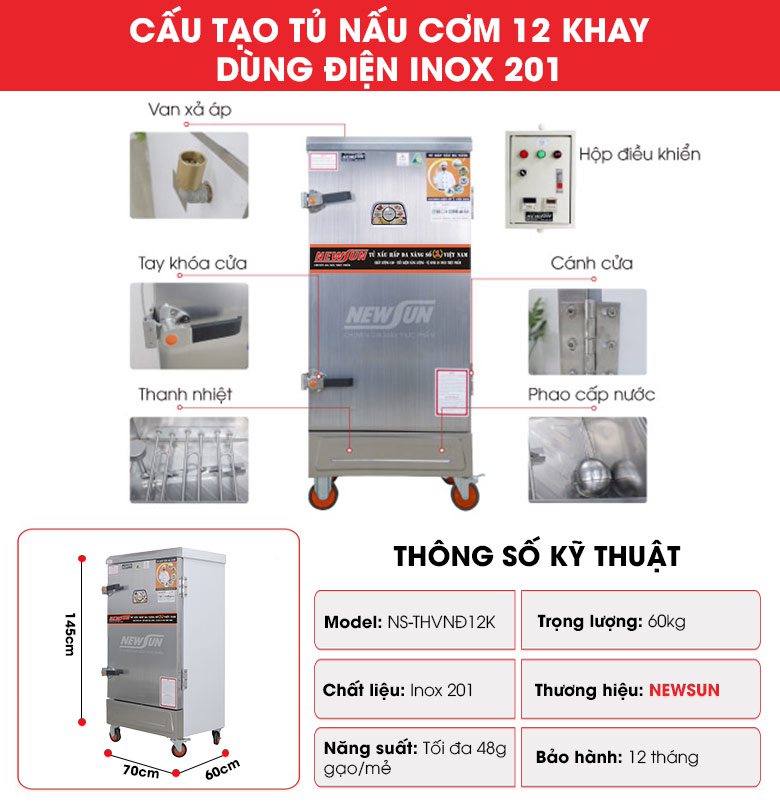 Cấu tạo tủ nấu cơm công nghiệp 12 khay dùng điện (Inox 201)