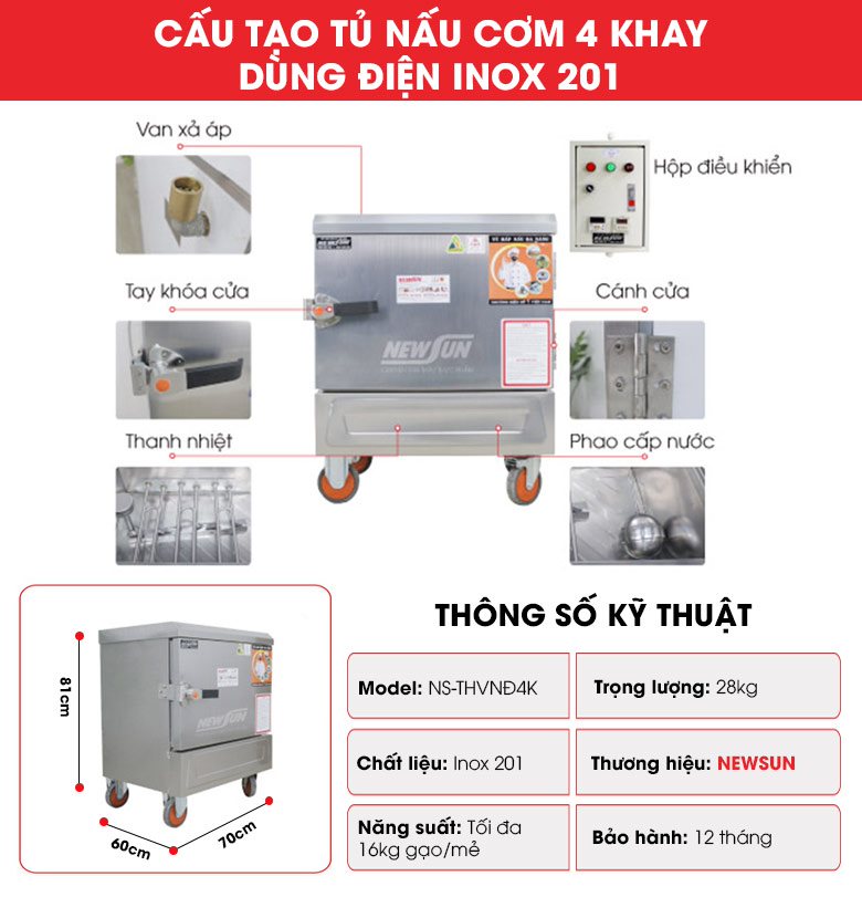 Cấu tạo tủ nấu cơm công nghiệp 4 khay dùng điện (Inox 201)