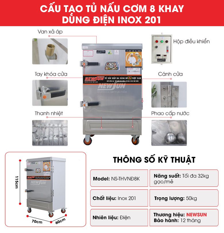 Cấu tạo tủ nấu cơm công nghiệp 8 khay dùng điện (Inox 201)