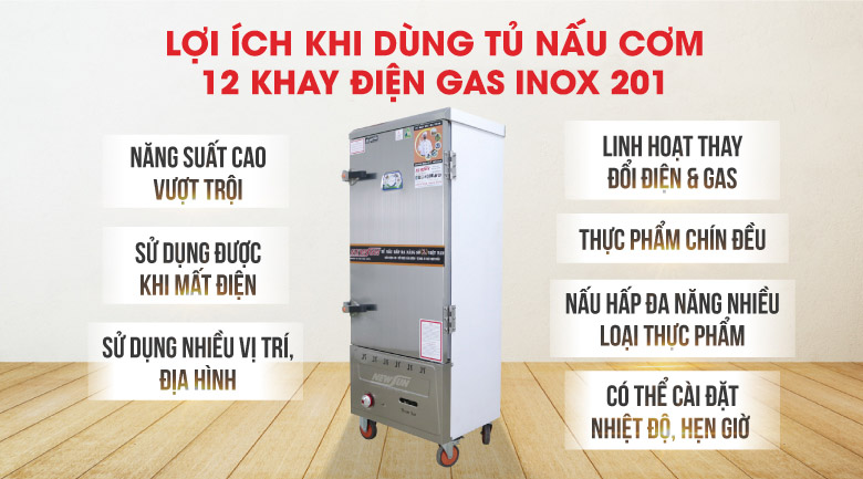 Lợi ích khi dùng tủ nấu cơm 12 khay điện gas Việt Nam inox 201