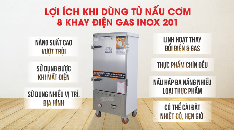 Lợi ích khi dùng tủ nấu cơm 8 khay điện gas Việt Nam inox 201