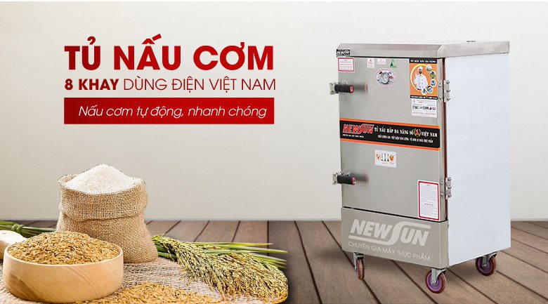Tủ nấu cơm 8 khay dùng điện Việt Nam (32kg gạo/mẻ)