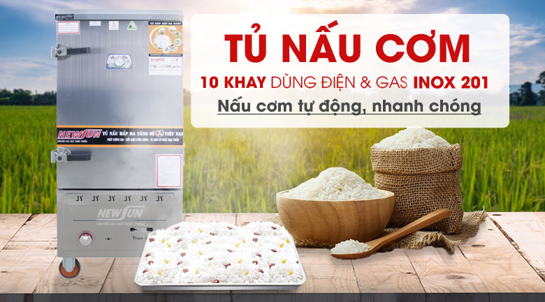 Tủ nấu cơm 10 khay điện và gas inox 201 - Hàng Việt Nam