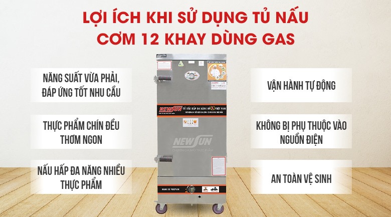 Lợi ích khi sử dụng tủ nấu cơm 12 khay dùng gas Việt Nam (48kg gạo/mẻ)