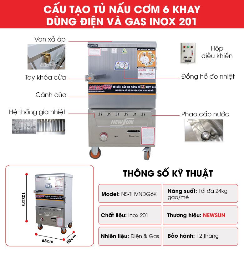 Tủ nấu cơm 6 khay dùng điện và gas inox 201 (24kg gạo/mẻ) Cấu tạo tủ nấu cơm 6 khay dùng điện & gas inox 201 (24kg gạo/mẻ)