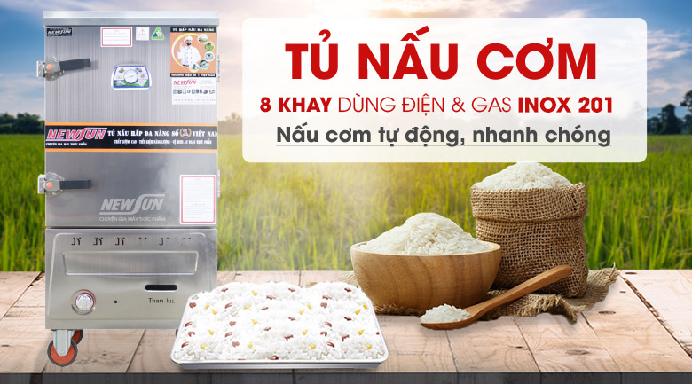 Tủ nấu cơm 8 khay dùng điện & gas inox 201 - Hàng Việt Nam