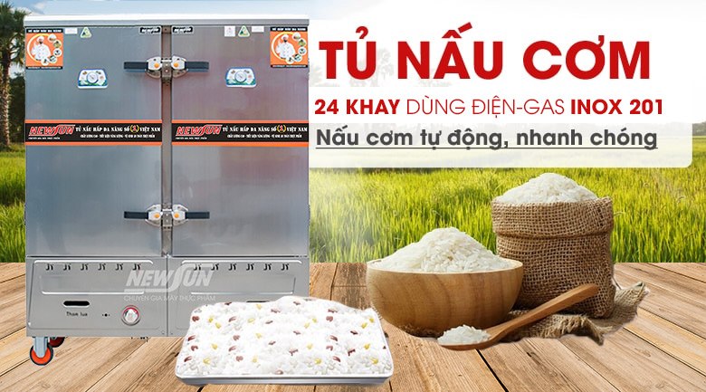 Tủ nấu cơm 24 khay điện và gas inox 201 (96kg gạo/mẻ)