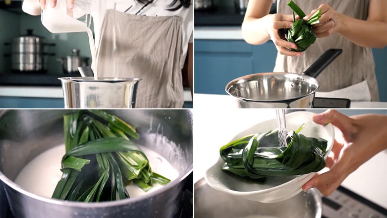 Cách nấu xôi cốm: Nấu nước cốt dừa với lá dứa