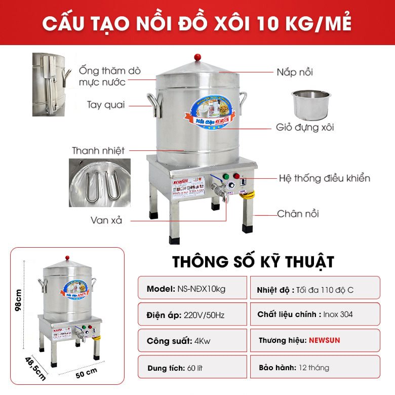 Nồi hấp xôi bằng điện 10kg/mẻ Cấu tạo và thông số kỹ thuật của nồi hấp xôi dùng điện 10kg/mẻ
