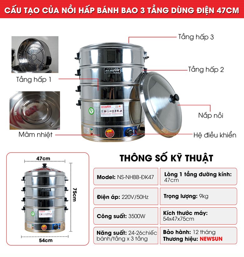 Cấu tạo nồi hấp bánh bao 3 tầng bằng điện 47cm