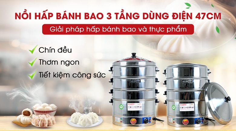 Nồi hấp bánh bao 3 tầng bằng dùng điện 47cm 