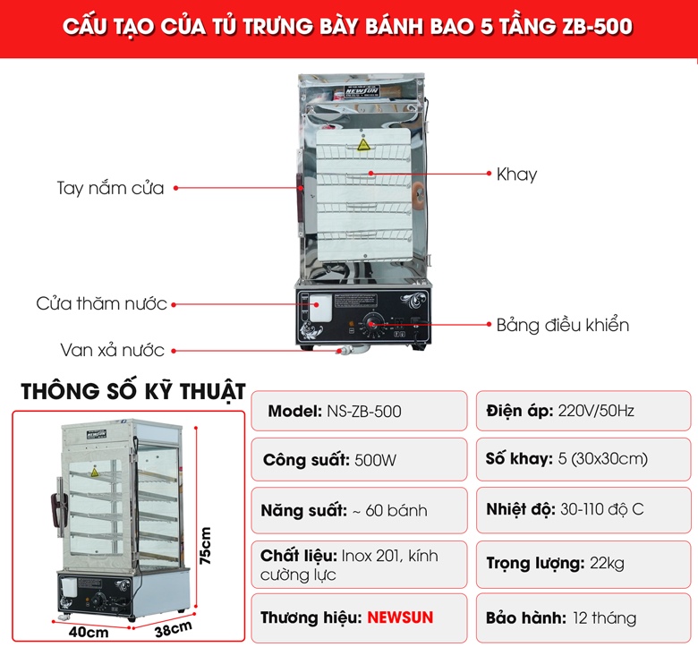 Tủ hấp bánh bao 5 tầng ZB-500 Cấu tạo của tủ hấp bánh bao 5 tầng ZB-500